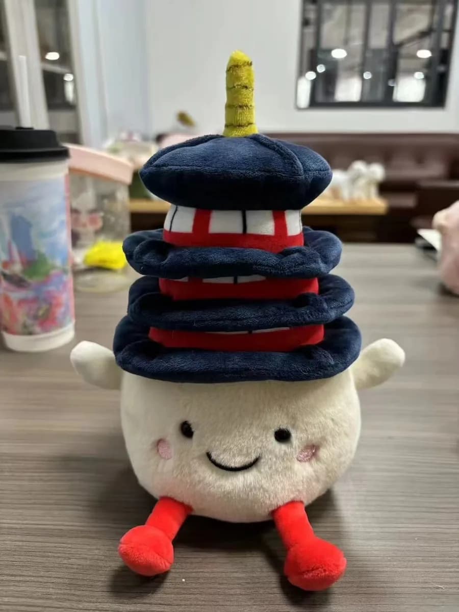 Stacked burger character plush toy with embroidered smile